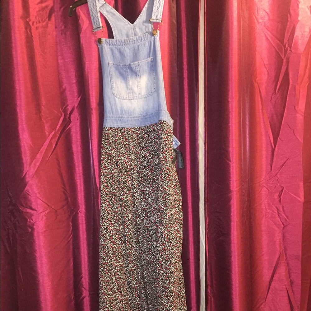 Maxi floral overall denim bib dress 90s style